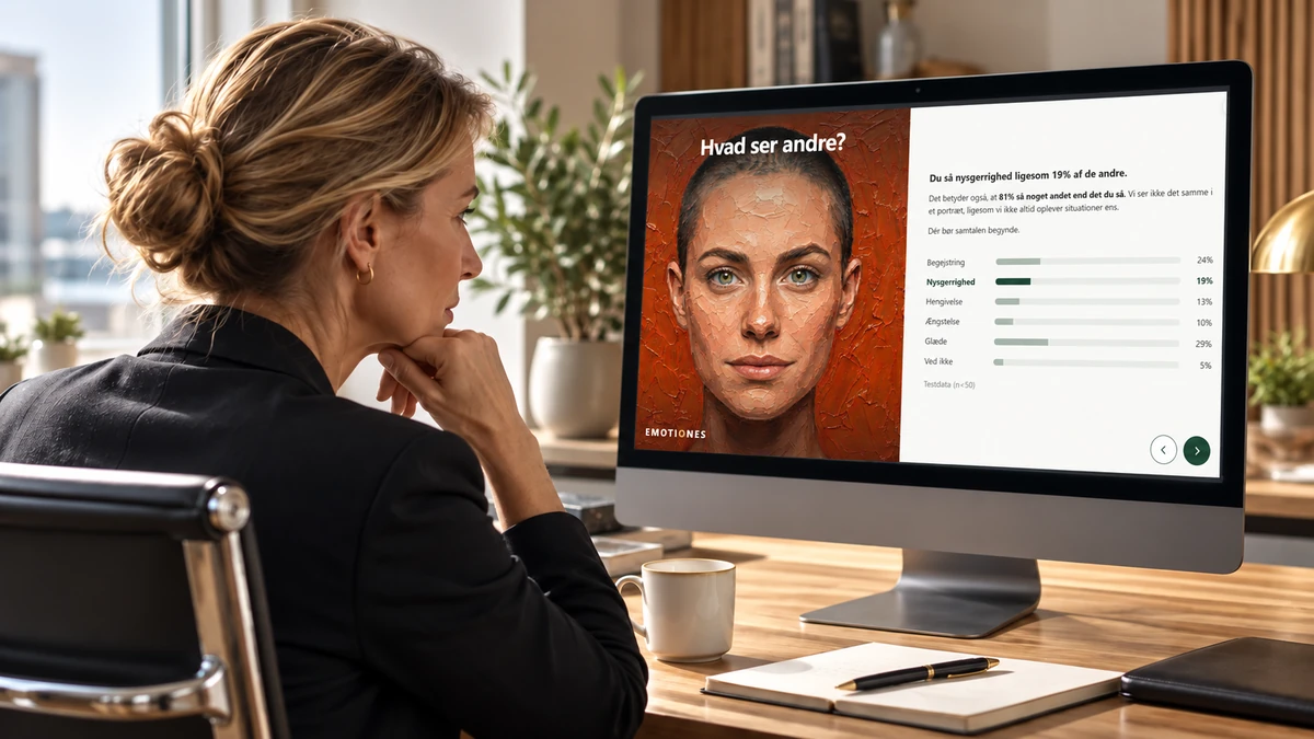 Digital refleksion med et EMOTIONES-portræt på skærmen
