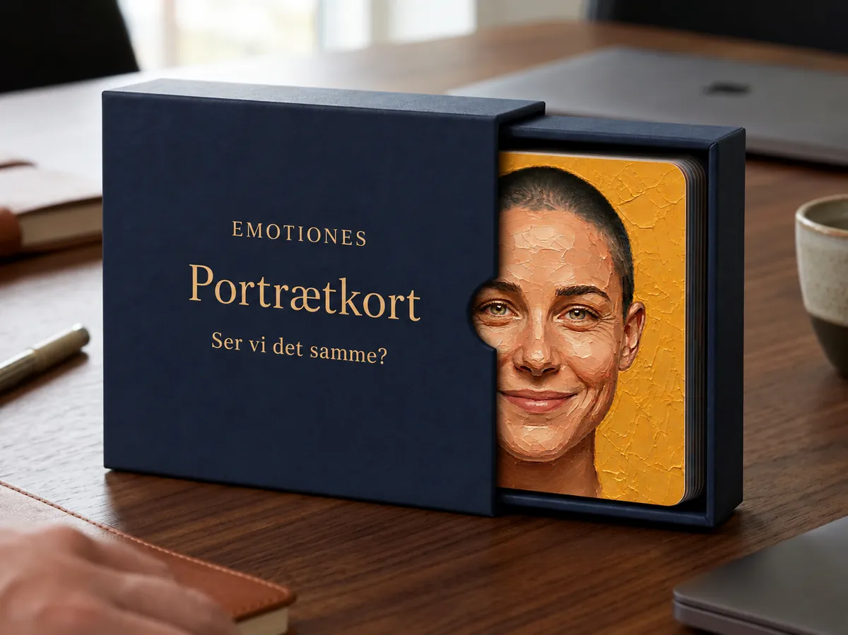EMOTIONES-portrætkort i æske på et mødebord